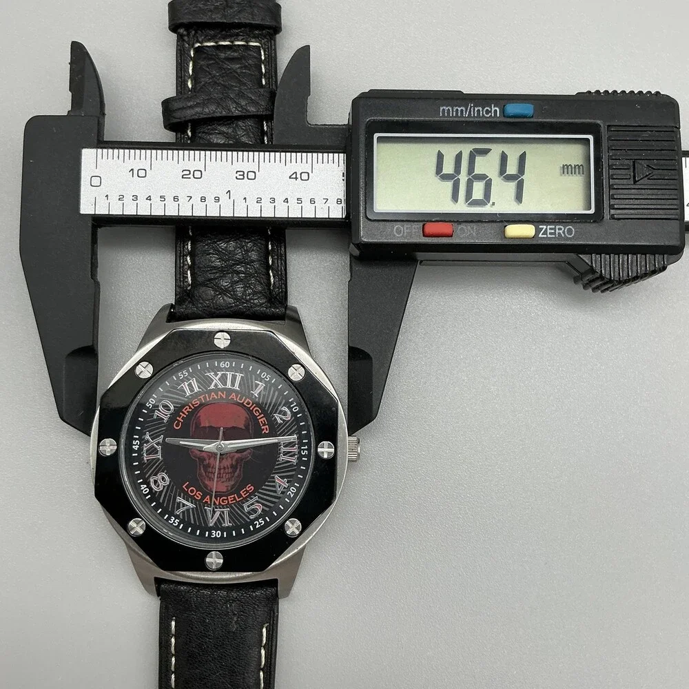 Christian Audigier Mens Watch 46mm Black Red Skull Dial Leather New Battery
